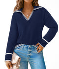 Womens V Neck Sweaters Spring Long Sleeve Oversized Collar Knit Pullover Jumper TopsNavyMedium