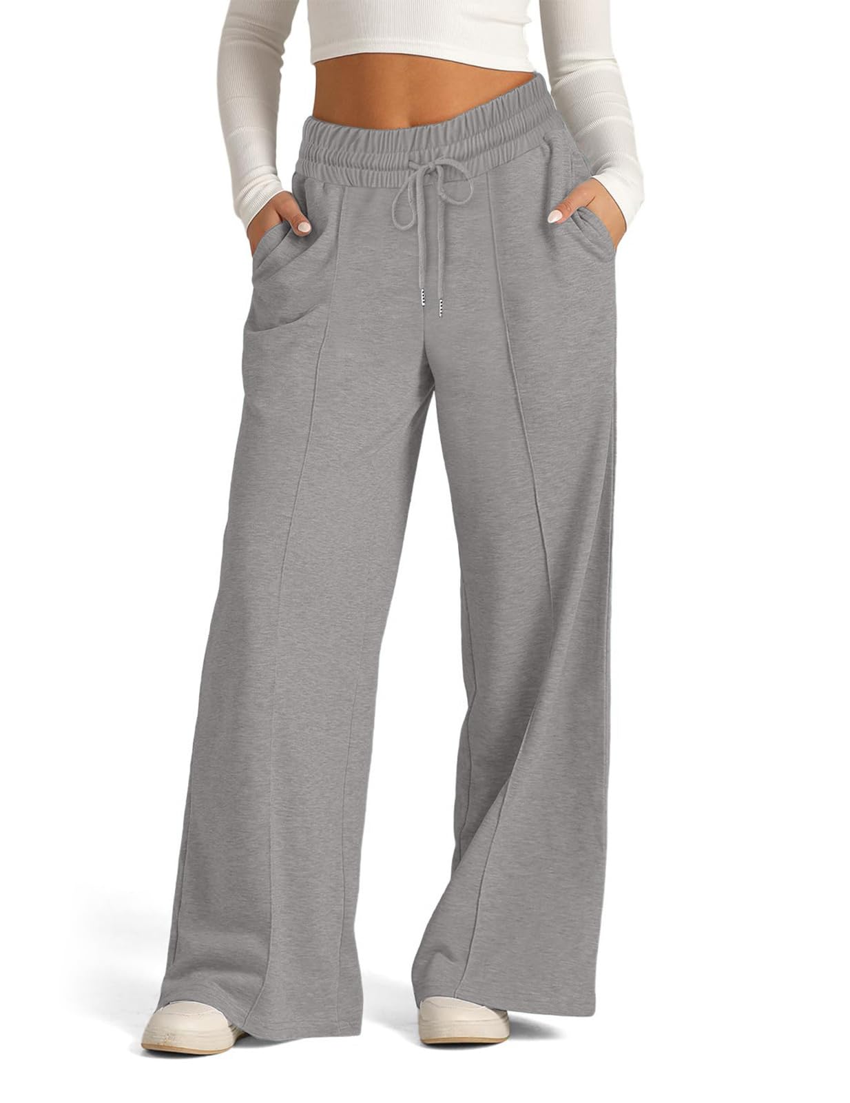 Womens Wide Leg Sweatpants Trendy High Waist Lounge Joggers Loose Fit Elastic Drawstring Casual Pants with Pockets Grey