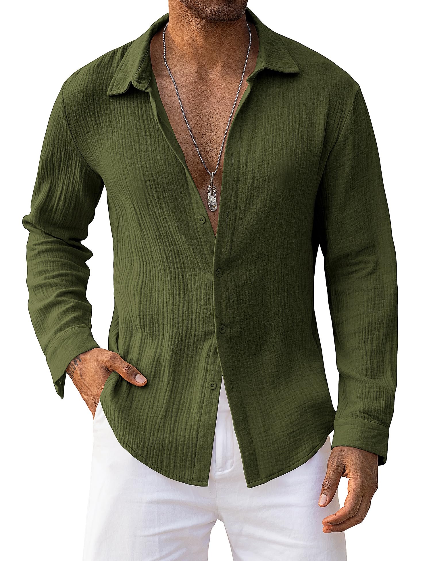 Mens Linen Shirts Long Sleeve Army Green Summer Casual Button Down Shirts Linen Beach Tropical Shirts Resort Wear (Army Green Large)