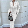 Luxe Ribbed Knit Midi Dress - Fashionable Long Sleeve Polo Collar Dress
