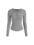 Henley Shirts for Women Long Sleeve Slim Fitted Basic Business Casual Tops for Women Button Ribbed Knit Base Layer Grey