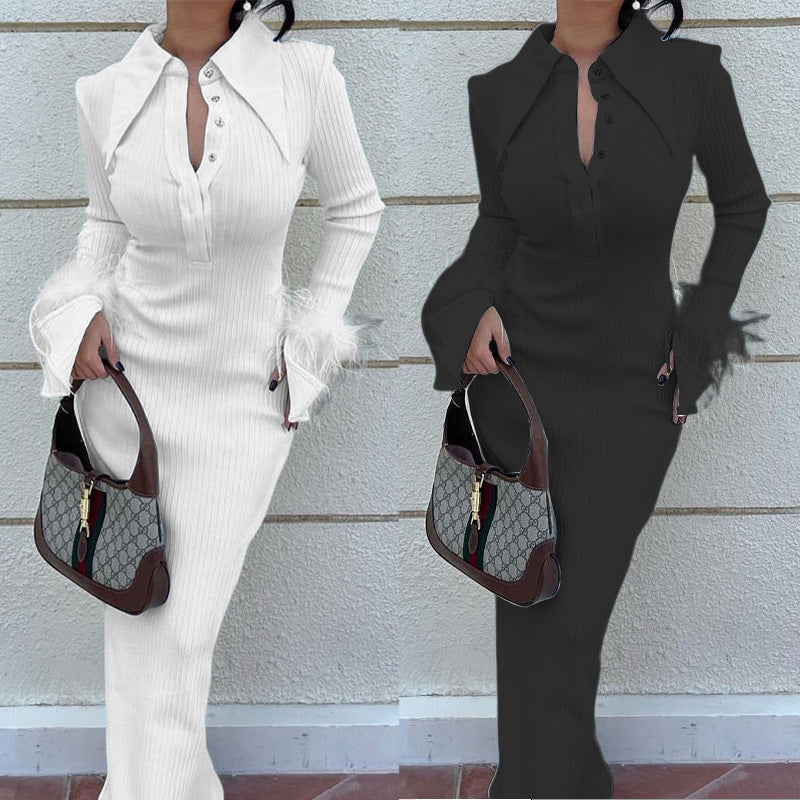 Luxe Ribbed Knit Midi Dress - Fashionable Long Sleeve Polo Collar Dress