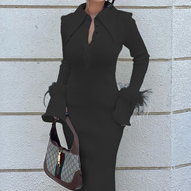 Luxe Ribbed Knit Midi Dress - Fashionable Long Sleeve Polo Collar Dress