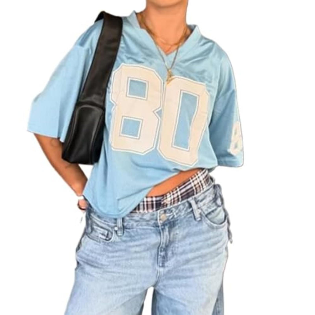 Womens Graphic Tees - Oversized Jersey Summer Top Jersey Top Coquette Clothes Y2k Streetwear Short Sleeve Shirts (BlueMMedium)
