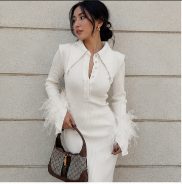Luxe Ribbed Knit Midi Dress - Fashionable Long Sleeve Polo Collar Dress