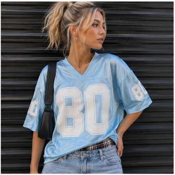 Womens Graphic Tees - Oversized Jersey Summer Top Jersey Top Coquette Clothes Y2k Streetwear Short Sleeve Shirts (BlueMMedium)