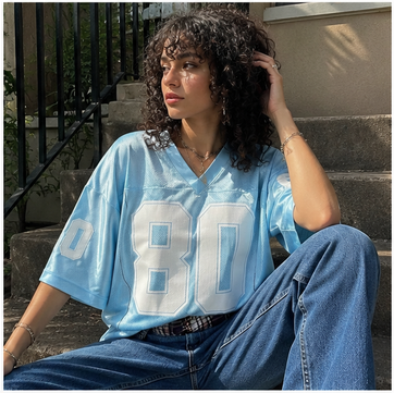 Womens Graphic Tees - Oversized Jersey Summer Top Jersey Top Coquette Clothes Y2k Streetwear Short Sleeve Shirts (BlueMMedium)