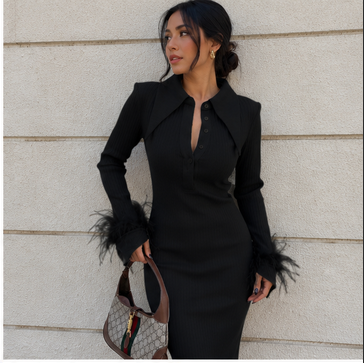 Luxe Ribbed Knit Midi Dress - Fashionable Long Sleeve Polo Collar Dress