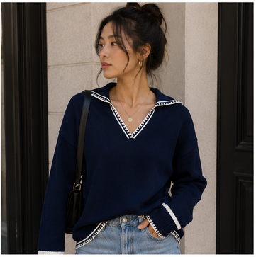 Womens V Neck Sweaters Spring Long Sleeve Oversized Collar Knit Pullover Jumper TopsNavyMedium