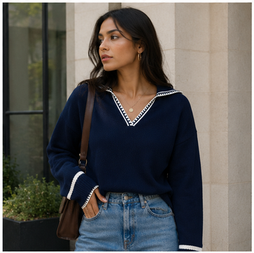 Womens V Neck Sweaters Spring Long Sleeve Oversized Collar Knit Pullover Jumper TopsNavyMedium