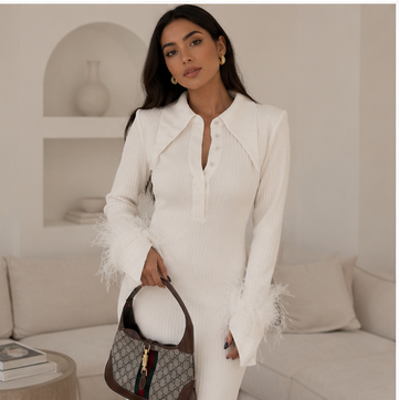 Luxe Ribbed Knit Midi Dress - Fashionable Long Sleeve Polo Collar Dress