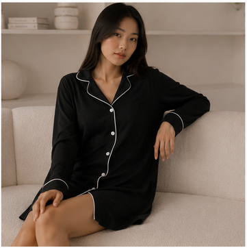 Womens Long Sleeve Nightgowns Button Down Sleep Shirts V-Neck Night Gowns Night Shirts Black XL