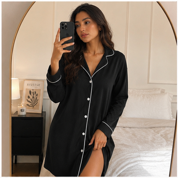 Womens Long Sleeve Nightgowns Button Down Sleep Shirts V-Neck Night Gowns Night Shirts Black XL