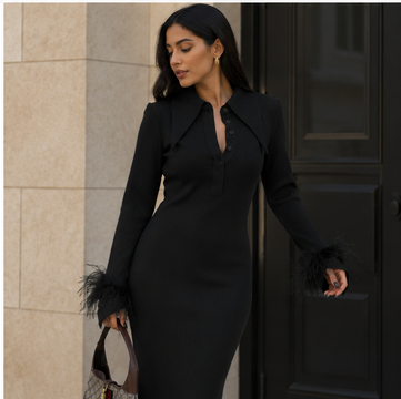 Luxe Ribbed Knit Midi Dress - Fashionable Long Sleeve Polo Collar Dress