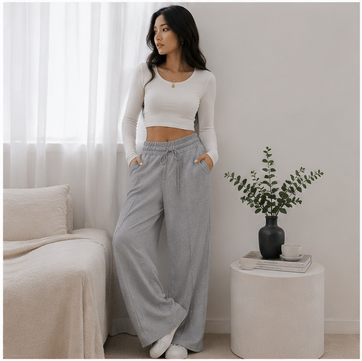 Womens Wide Leg Sweatpants Trendy High Waist Lounge Joggers Loose Fit Elastic Drawstring Casual Pants with Pockets Grey