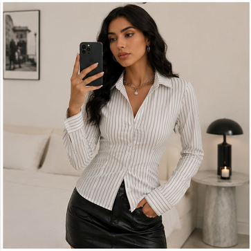 Womens Striped Button Down Shirts Collared Long Sleeve Blouse Y2K Tops Light Grey Large