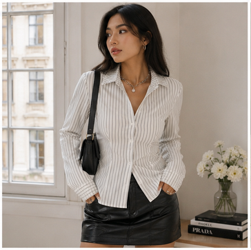 Womens Striped Button Down Shirts Collared Long Sleeve Blouse Y2K Tops Light Grey Large