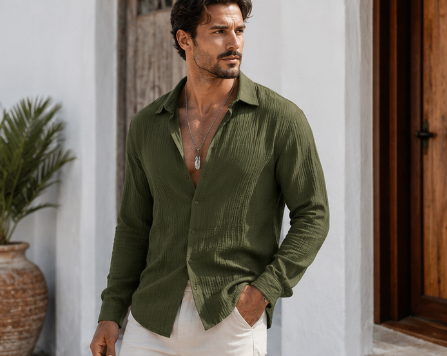Mens Linen Shirts Long Sleeve Army Green Summer Casual Button Down Shirts Linen Beach Tropical Shirts Resort Wear (Army Green Large)