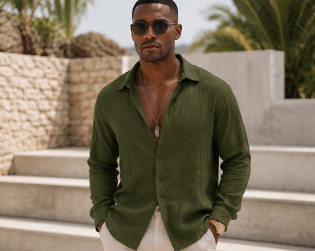 Mens Linen Shirts Long Sleeve Army Green Summer Casual Button Down Shirts Linen Beach Tropical Shirts Resort Wear (Army Green Large)