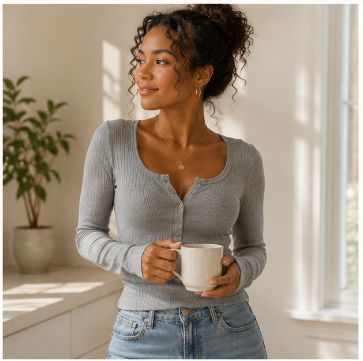 Henley Shirts for Women Long Sleeve Slim Fitted Basic Business Casual Tops for Women Button Ribbed Knit Base Layer Grey